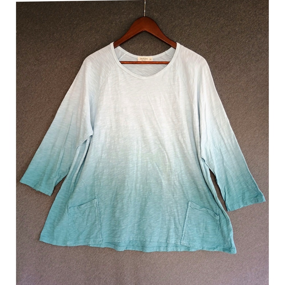 Jess & Jane 1X Blue Ombre Dip Dye Cotton 3/4 Sleeve Pocket Tunic Top Lagenlook